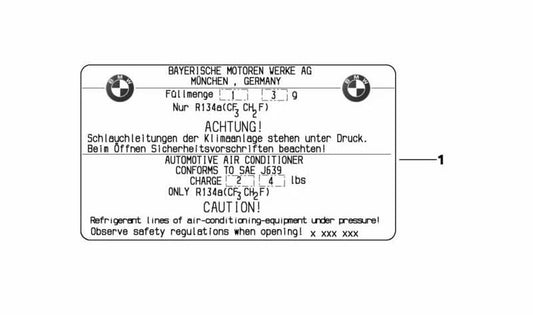 Etiqueta adhesiva de gas refrigerante OEM 64508387411 para BMW E39. Pieza original BMW.
