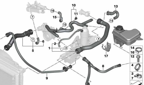 Manguera de refrigerante OEM 17127796272 para BMW E60, E61, E63, E64. Original BMW.