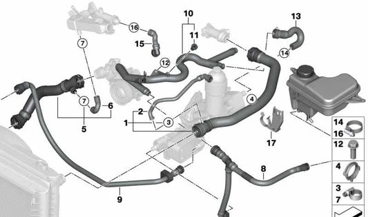 Manguera de refrigerante OEM 17127792321 para BMW E60 y E61 535d. Compatible con modelos fabricados entre 2004 y 2007. Recambio original BMW.