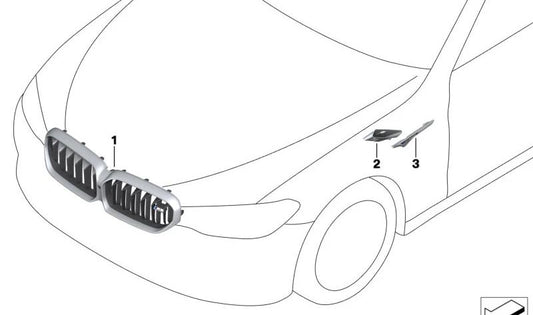 Parrilla decorativa frontal OEM 51138080592 para BMW F90N (Serie 5). Acabado ICAM / Shadow. Original BMW.