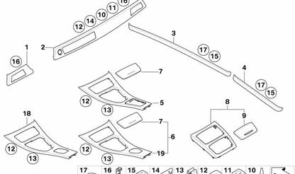 Embellecedor interior aluminio izquierdo OEM 51459148067 para BMW E90, E91, E92, E93. Acabado Glacier Silber. Compatible con todos los modelos indicados. Original BMW.