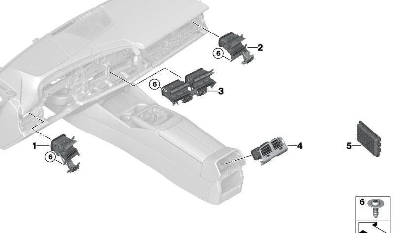 Rejilla central de ventilación OEM 64115A62747 para BMW G60 (520d, 520d xDrive, 520i, 523d, 523d xDrive). Original BMW.