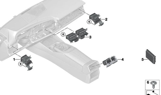 Rejilla central de ventilación OEM 64115A62747 para BMW G60 (520d, 520d xDrive, 520i, 523d, 523d xDrive). Original BMW.