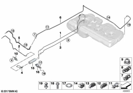 Heckstoffversorgungsrohr für BMW F45, F48, F39 und Mini F60 (OEM 16127300621). Original BMW