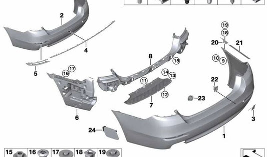 Printing rear bumper OEM 5112733273 for BMW 5 F10 and F18 series. With parking sensors (PDC). Original BMW spare.