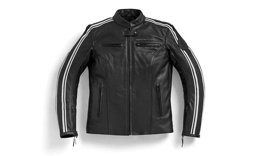 Chaqueta de cuero TwinStripes negra/blanca talla XXL OEM 76141539833 para BMW Motorrad. Original BMW Motorrad.