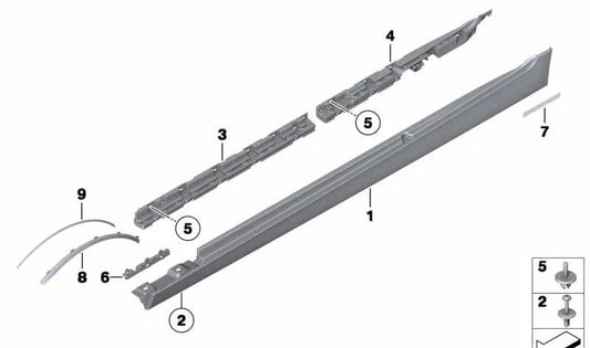 Cubierta lateral derecha imprimada OEM 51777238662 para BMW F18 {520Li, 523Li, 525Li, 528Li}. Pieza original BMW.