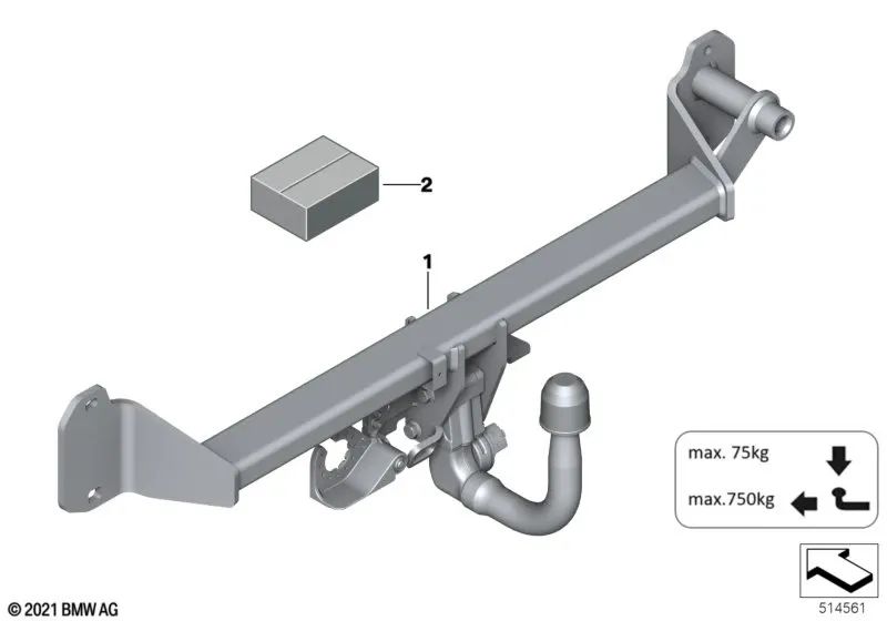 Detachable trailer hitch assembly 750kg for BMW F45, F45N, F46, F46N (OEM 51125A55239). Original BMW.