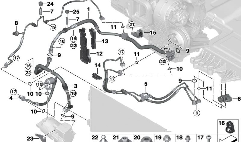 Tubería de aspiración del compresor OEM 64535A27123 para BMW U06 (Serie 2 Active Tourer) y U11 (X1). Pieza original BMW.