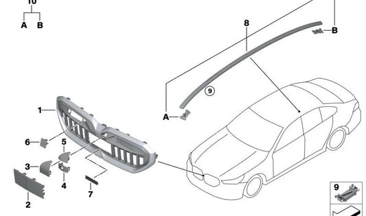 Embellecedor cromado parrilla frontal OEM 51135A130C9 para BMW Serie 5 G60, G61, G68. Original BMW.
