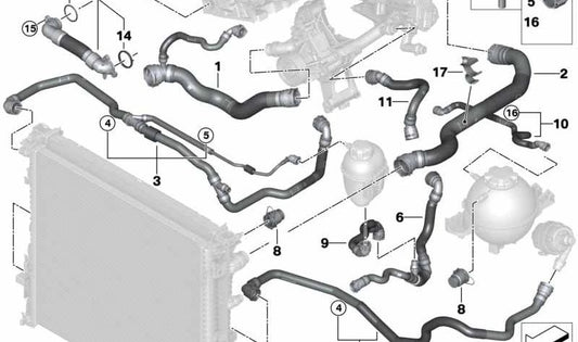 Manguito del radiador OEM 17129894759 para BMW X3 (G01 M40i) y X4 (G02 M40i). Compatible con motores B58. Original BMW.