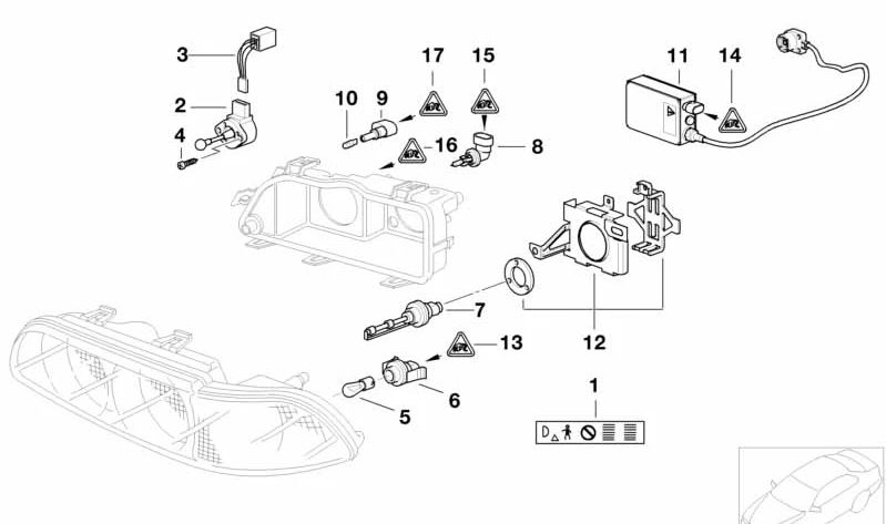 Soporte para unidad de control de faro xenón izquierdo OEM 63128386555 para BMW Serie 5 E39. Original BMW.
