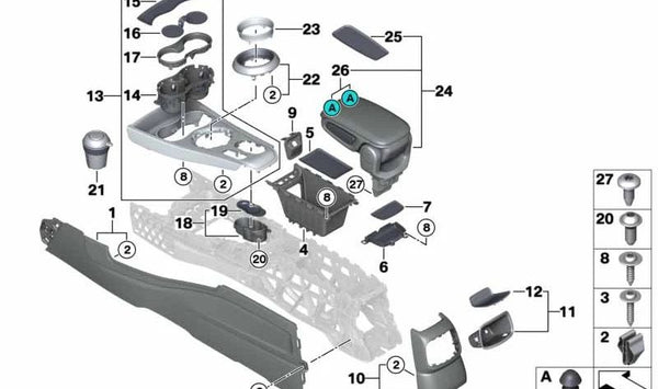 Reposabrazos central OEM 51165A81DB0 para MINI Countryman F60, F60 LCI (2015–2024). Original MINI.