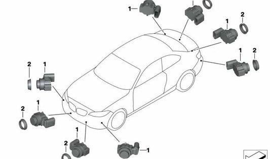 Sensor de aparcamiento ultrasónico azul Seaside OEM 66206839857 para BMW F20, F21, F22, F23. Compatible con Park Distance Control (PDC). Original BMW.