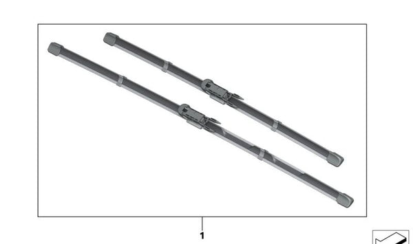 Juego de escobillas limpiaparabrisas delanteras OEM 61615A974B5 para BMW U11, U12. Original BMW.
