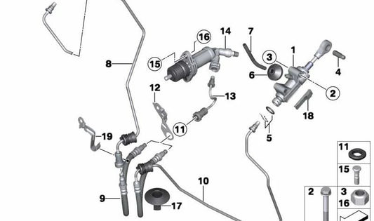 Cilindro do receptor da embreagem para BMW 1 F20N Series, F21N, Série 2 F22, F23, 3 F30N Series, F31N, 4 F32 Series, F36 (OEM 21526795710). BMW original