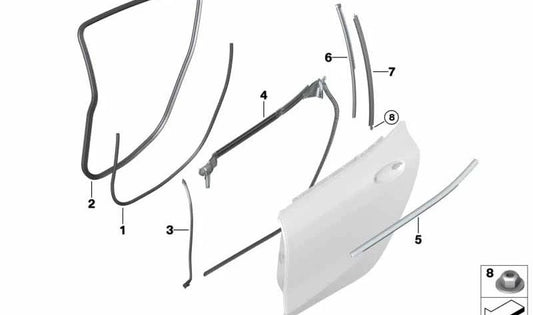 Junta guía ventanilla trasera derecha OEM 51357435446 para BMW F93 y G16 (M8, 840d, 840i, ALPINA B8). Original BMW.