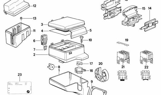 Autocollant OEM Fuse Box 61138356422 pour BMW E34. Étiquette d'identification en anglais pour l'intérieur du compartiment à fusible. BMW d'origine.