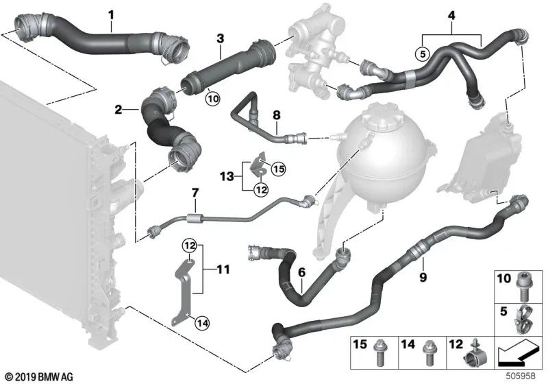 Coolant Radiator Hose for BMW X3 G01, G01N, X4 G02, G02N (OEM 17128596055). Original BMW
