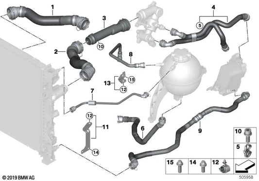 Coolant Radiator Hose for BMW X3 G01, G01N, X4 G02, G02N (OEM 17128596055). Original BMW