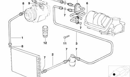 Tube à haute pression OEM de climatisation 64538391309 pour BMW E34. Connectez le compresseur et le condenseur. Compatible avec les systèmes R12 / R134A. BMW d'origine.