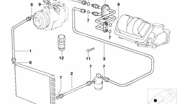 Tubería de alta presión del compresor al condensador OEM 64531391776 para BMW E34. Original BMW.