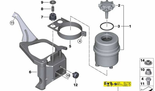 Soporte del depósito de aceite OEM 32416765403 para BMW E81, E82, E87, E88, E90, E91, E92, E93, E84. Original BMW. Ideal para fijar el recipiente del aceite de dirección asistida o hidráulico.