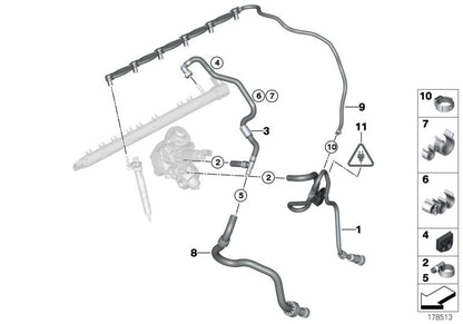 Tubo de retorno de combustible OEM 13537823398 para BMW X3 F25 xDrive30d/xDrive35d y X4 F26 xDrive30d/xDrive35d. Compatible con motores N57T y N57Z. Original BMW.