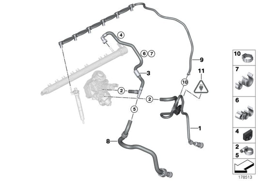 Tubo de retorno de combustible OEM 13537823398 para BMW X3 F25 xDrive30d/xDrive35d y X4 F26 xDrive30d/xDrive35d. Compatible con motores N57T y N57Z. Original BMW.