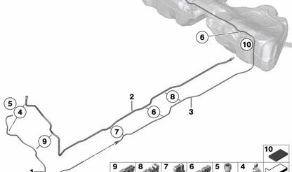 Tubería de combustible trasera OEM 16127205302 para BMW F10, F10N, F11, F11N, F06, F06N. Original BMW.