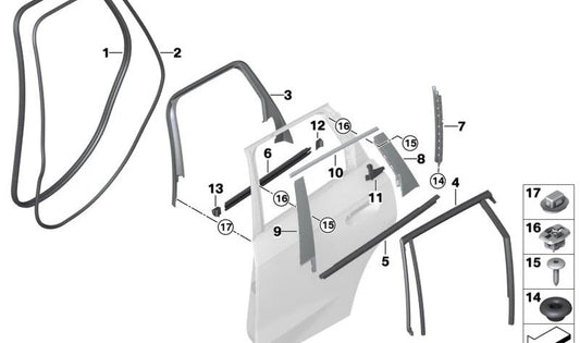 Embellecedor exterior aluminio satinado puerta trasera izquierda OEM 51359451529 para BMW X1 U11. Original BMW.