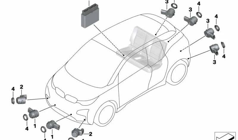 Sensor de aparcamiento por ultrasonidos color Blue Ridge Mountain OEM 66209835593 para BMW I01. Compatible con sistemas PDC (Park Distance Control). Original BMW.
