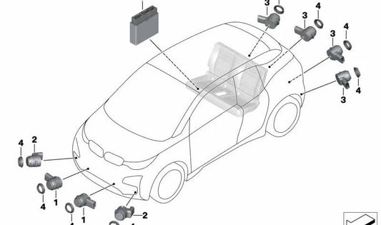 Sensor de aparcamiento por ultrasonidos color Blue Ridge Mountain OEM 66209835593 para BMW I01. Compatible con sistemas PDC (Park Distance Control). Original BMW.