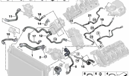 Tubo del radiador (refrigerante) OEM 17128678510 para BMW G15 y G16 (Serie 8). Original BMW.