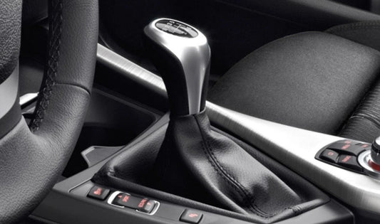 OEM leather march change knob 25117596010 for BMW F20, F20N, F21, F21N, F22, F23 with gasoline engine and automatic climate control. Original BMW.