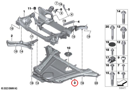 Suporte de subestrutura frontal PHEV OEM 31101543619 para BMW G60, G61, G70. BMW genuíno.