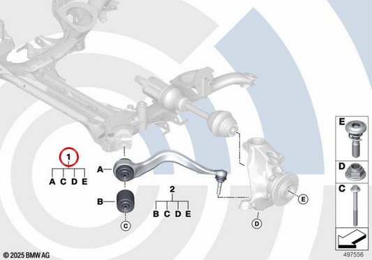 Kit de réparation bras gauche OM 31102467053 pour BMW F20, F21, F22, F23, F30, F31, F32, F33, F36. Compatible avec les modèles XDrive. BMW d'origine.