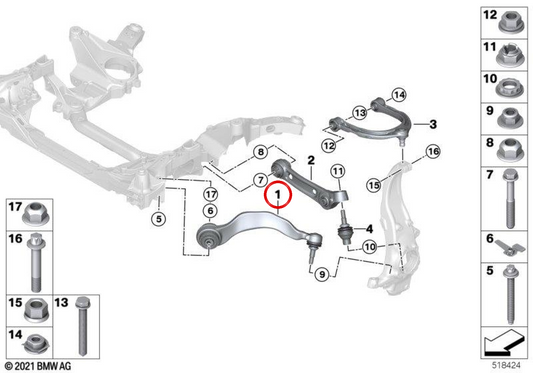 Braccio di sospensione anteriore destro con blocco silenzioso OEM 31106861166 per BMW G30, G31, G38. BMW originale.