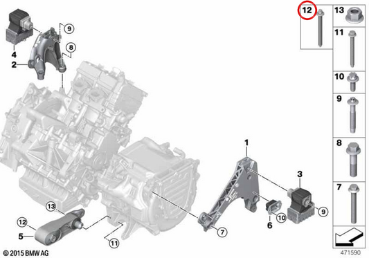 Parafuso da alça para BMW Série 1 F40, F52; Série 2 F44, F45, F46, U06; eI01, I12, I15; X1 F48, F49, U11, U12; X2 F39 (OEM31106868038). BMW genuíno.