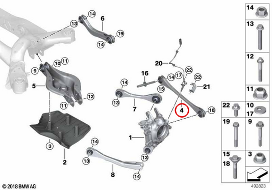 Tirante de suspensão com bloco silencioso OEM 31106879659 para BMW G20, G21, G22, G23, G26, G28, G29, G42. Peça original BMW.