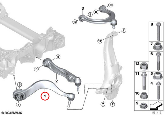 Right front control arm with hydraulic Silentblock OEM 31108833032 for BMW G60, G61. Original BMW.