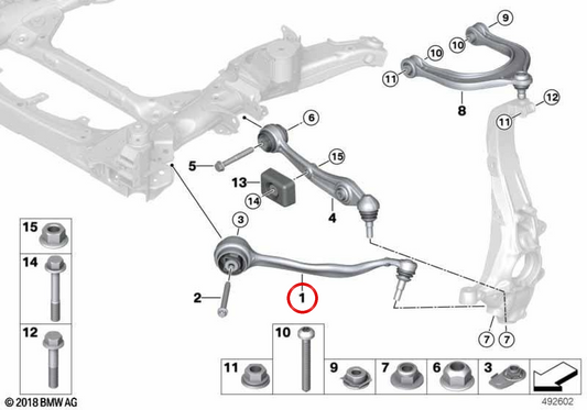 Braço de suspensão dianteiro esquerdo OEM 31108845565 para BMW G09. BMW genuíno.