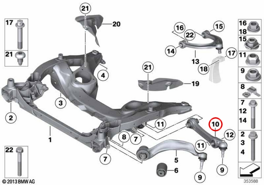 Braço transversal com rolamento de borracha inferior direito OEM 31108873964 para BMW Série 5 F07, F10 e Série 7 F01, F02... e muito mais. BMW genuíno.