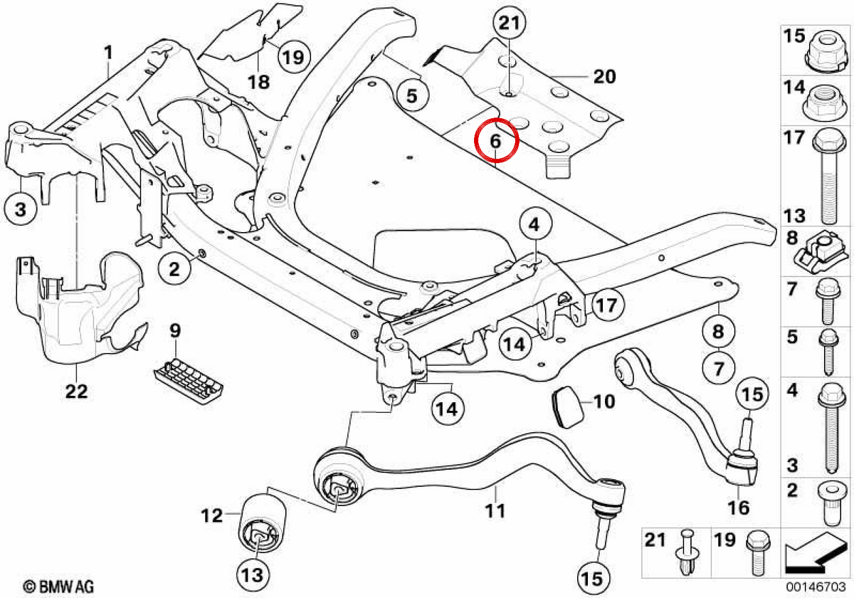 Placa de refuerzo delantera OEM 31116759878 para BMW E60, E61, E63, E64. Original BMW.