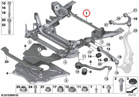 OEM Front Axle Support 31116866689 for BMW X5 F15, X6 F16. Genuine BMW.