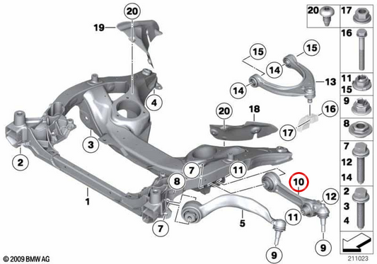 Braço de suspensão inferior direito com bloco silencioso OEM 31126788360 para BMW Série 1 E81, E82, E87, E88 e BMW Série 3 E90, E91, E92, E93. BMW genuíno.