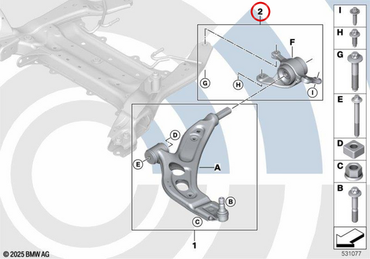 Suspensionsarmunterstützung mit Silentblock links hydraulisch OEM 31128854392 für BMW F40, F44, F45, F46, F48, F49, F39 und Mini F55, F56, F57, F54, F60. Original BMW und Mini.