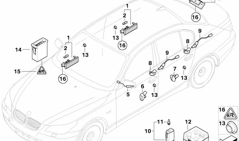 Módulo LED luz puerta OEM 63316929662 para BMW E60, E61. Iluminación interior original para panel de puerta. Recambio original BMW.