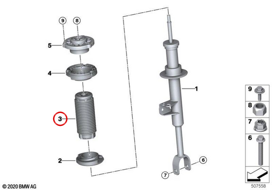 Amortisseur additionnel avant OEM 31305A144B3 pour BMW Série 5 G60 520d, 520i, 523d, 530e et G61 Touring… et plus. Original BMW.