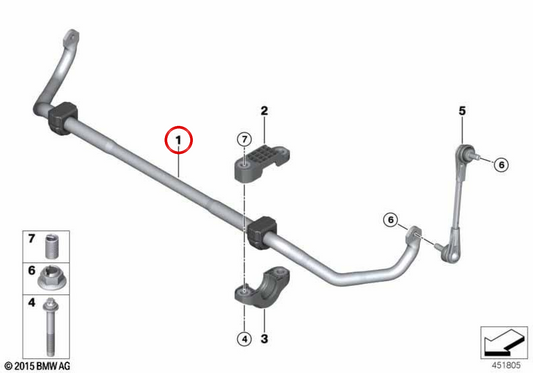 Estabilizador delantero con soporte de goma OEM 31306873459 para BMW Serie 7 G11, G12, G11 LCI, G12 LCI. Original BMW.